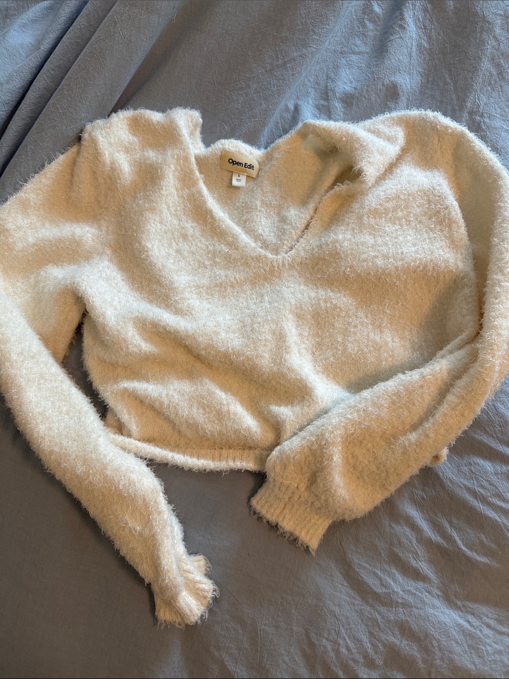 Open Edit Women's Cream Fuzzy V-Neck Sweater